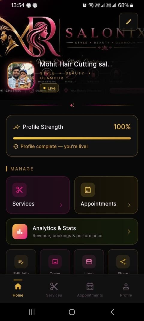 MR Salonix™ salon owner dashboard with profile strength and management tools